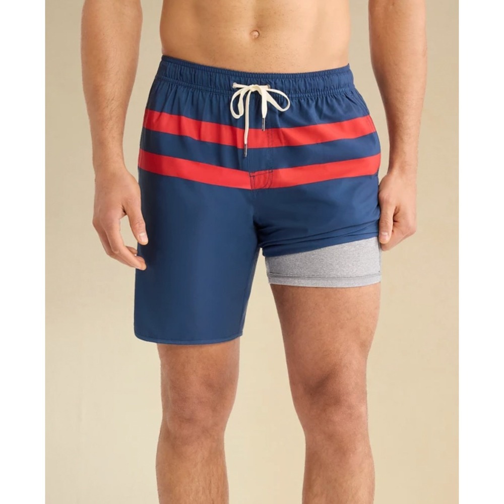 Fair Harbor Tuckernuck Navy Red Striped Swim Trunks Liner Nautical Preppy Mens M